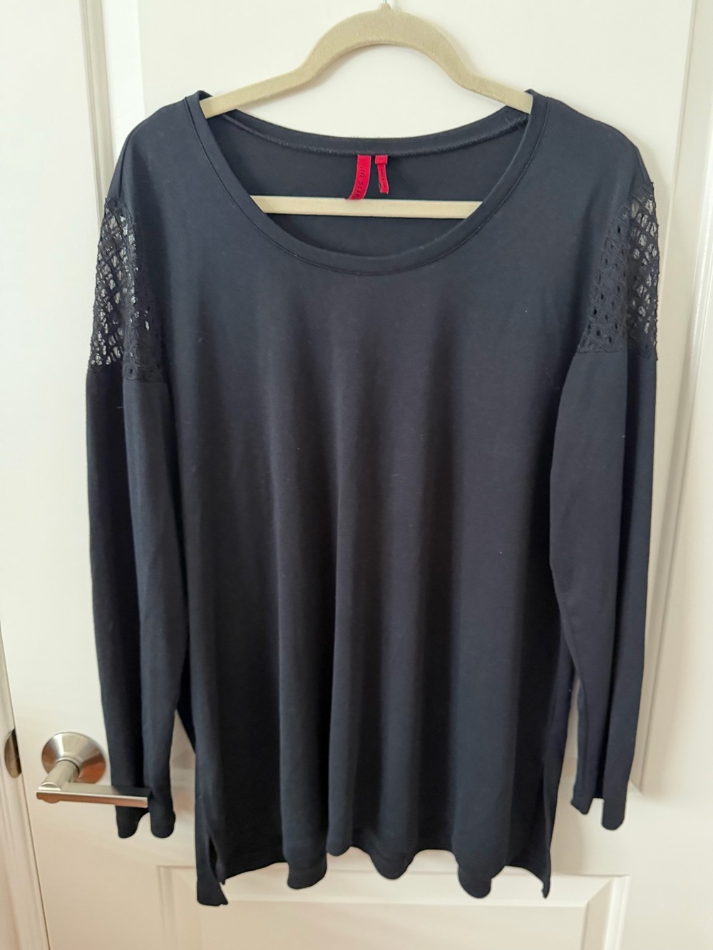 Black Long-Sleeve Scoop Neck Top with Lace Shoulder Panels
